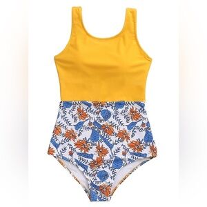 Jolefille Yellow and Blue Patterned One Piece High Cut Swimsuit Women’s Size L